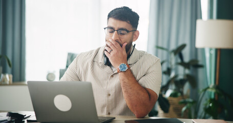 Remote work from home, yawning and man with laptop, fatigue and overwhelmed with deadline. Person,...