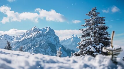 Fototapeta premium Snow Covered Mountains And Pine Trees Against A Clear Blue Sky