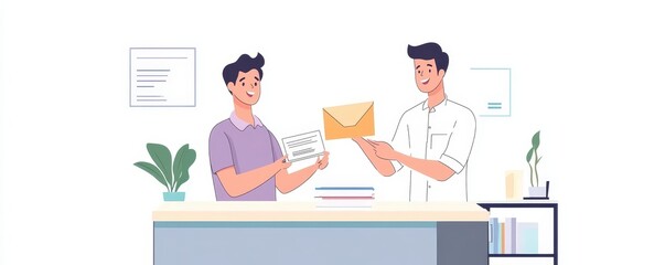 Two men exchanging a letter and a document in an office setting with plants and bookshelves visible