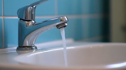 Close-up of Water Flowing from Chrome Faucet in Modern Bathroom Sink