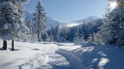 Obraz premium Snow Covered Trail Winds Through Winter Forest With Snowy Trees And Mountains Under Blue Sky