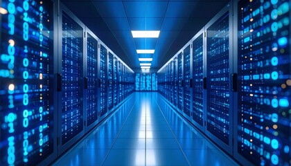 A server room with cool blue lighting and floating binary code overlays – Artificial Intelligence & Machine Learning
