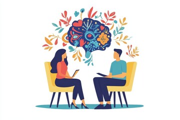 Illustration of a therapy session with a brain graphic and two people sitting in yellow chairs