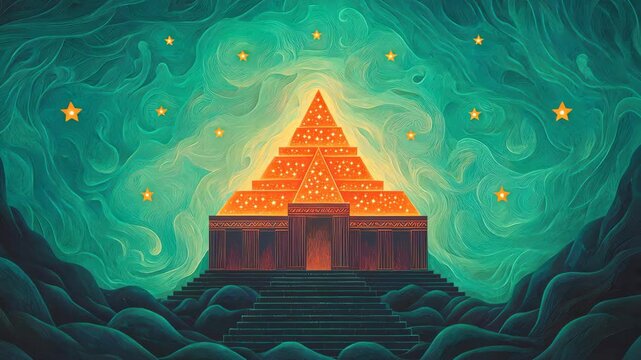 Mystical pyramid surrounded by stars in a swirling cosmic background.