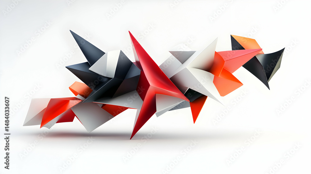 Poster geometric array of sharp-edged shapes on white background in orange red black