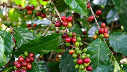 Obraz premium Realistic Photo of Ripe and Unripe Coffee Cherries Growing on Coffee Tree Branches with Green Leaves, Multiple Arabica Clusters in Various Maturity Stages in Tropical Organic Coffee Farm Environment