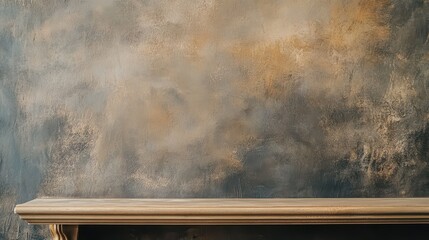 Textured wall with wooden shelf in neutral tones