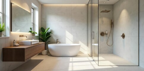 Sleek, minimalist bathroom design featuring a floating vanity, large format tiles, and a rainfall shower Perfect for modern home design inspiration , walls, large format tiles