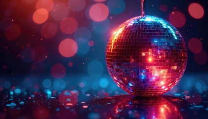 Sparkling disco ball reflects light, creating dazzling bokeh , round, glamour, spherical