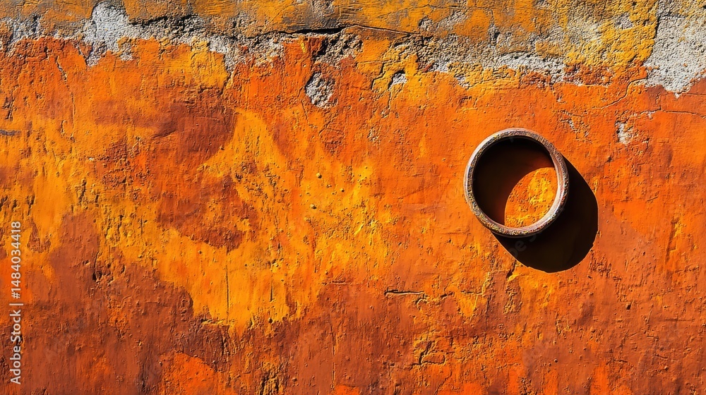 Poster abstract background of red-orange rust with iron ring casting a shadow
