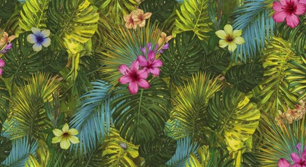 Vibrant Tropical Floral Pattern with Lush Green Leaves