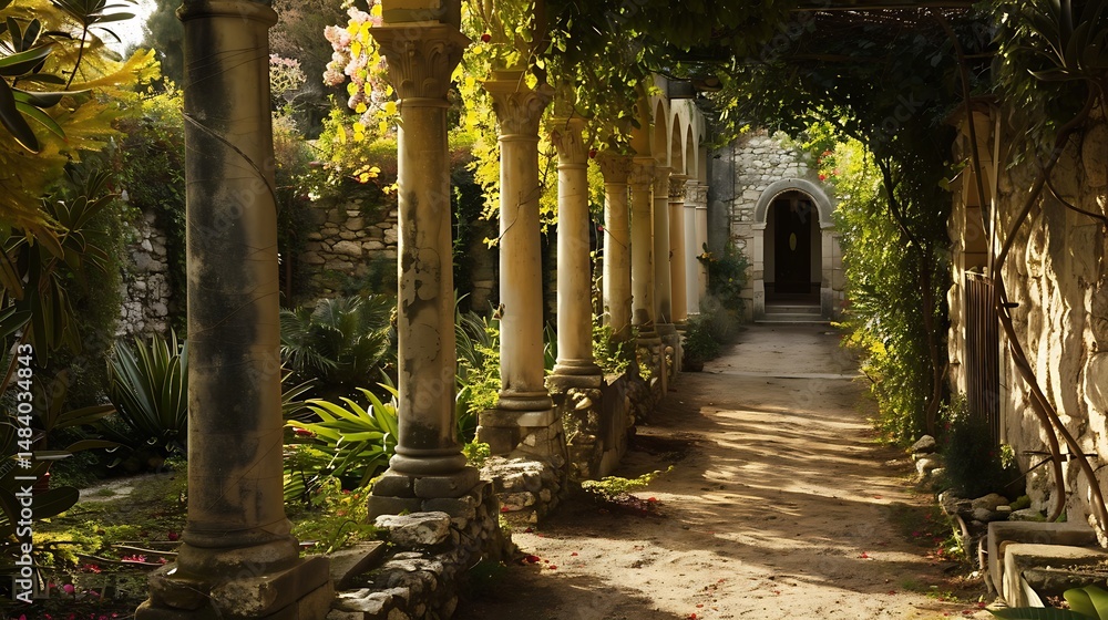 Poster stone columnar walkway with sunlight through trees and garden in classic architecture