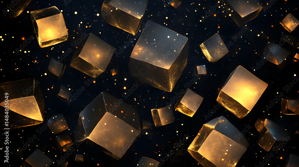 Poster golden cubes floating in dark space with sparkling particles abstract image