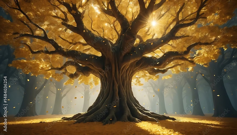 Poster golden sunlight filters through the branches of a large tree in a dense autumn forest scene