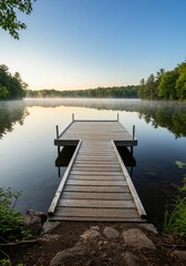 Wooden Dock on a Calm Lake at Sunrise