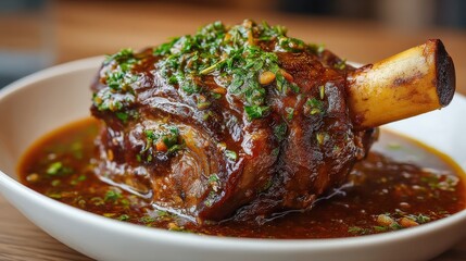 A delectable slow-cooked lamb shank, glistening with a rich brown gravy and topped with fresh herbs. The tender meat practically falls off the bone.