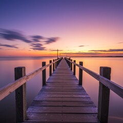Serene Sunset over Calm Ocean with Wooden Pier
