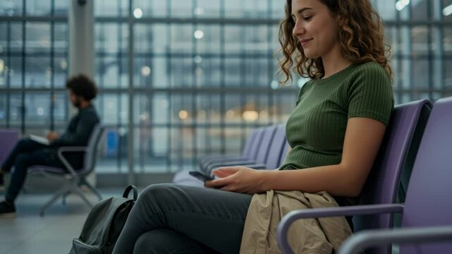 A young woman with curly hair is comfortably seated in an airport lounge. She is focused on her mobile device, oblivious to the bustling environment around her