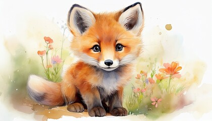 Obraz premium Niedlicher Baby-Fuchs in zarter Aquarellmalerei