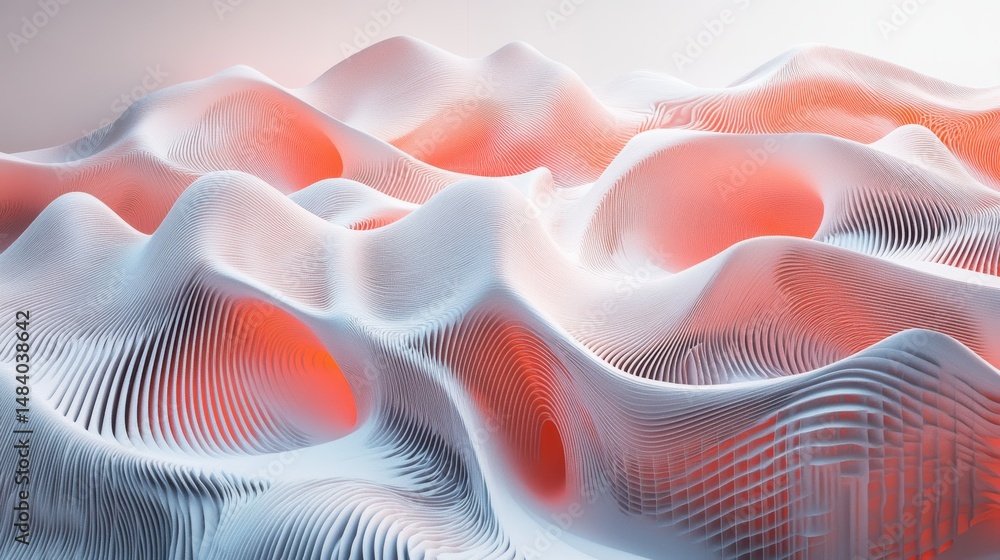 Poster abstract parametric landscape with wavy surface reddish gradient and organic curved lines flowing in