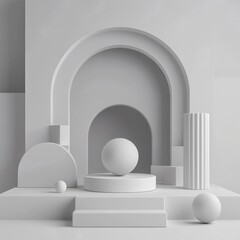 Crisp Minimalist Product Display with Concentric White Arches and Geometric Shapes on a Light Gray Background