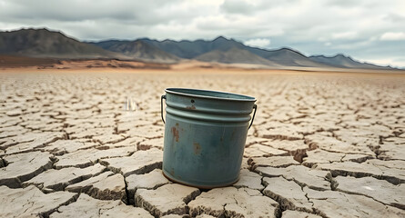 Naklejka premium Arid Landscape with Cracked Earth and a Small Metal Container