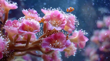 Fototapeta premium Vibrant coral reef adorned with pink flowers and tiny clownfish swimming nearby.