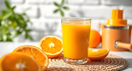 fresh orange juice in glass with slice of fruit on table with white brick wall as background.