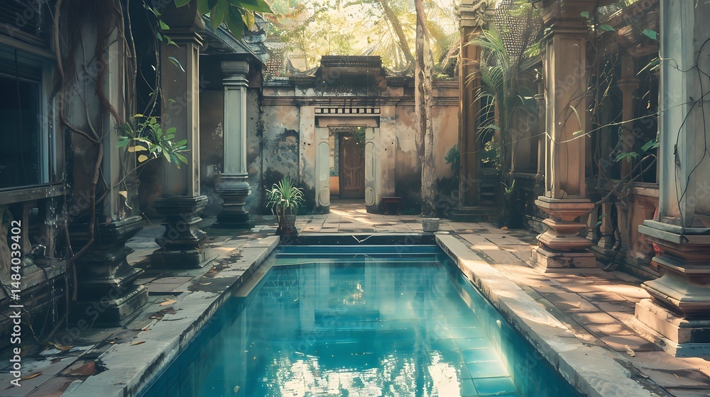 Poster tranquil courtyard pool scene with stone columns and lush greenery