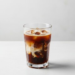 Iced Coffee with Cream in Glass on White Background