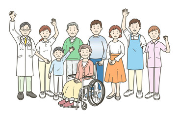 高齢者夫婦と家族と医師と看護師と介護士とケアマネージャーが集合して手を振る全身イラスト
