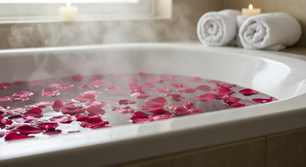 Relaxing Spa Treatment Hot Bath With Red Rose Petals And Rolled Towels