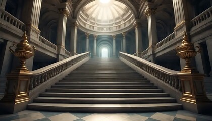 Grand staircase illuminated by soft light leads to a distant archway in elegant classical interior.