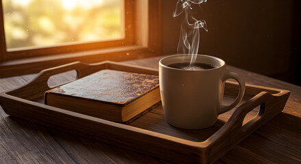 Cozy Morning: Coffee, Book, and Sunlight Creating a Relaxing Scene