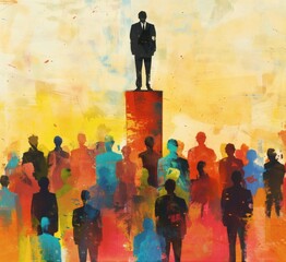 Abstract Painting of a Man on a Pedestal Above a Crowd Watching Vibrant Fireworks Against a Fiery Sky