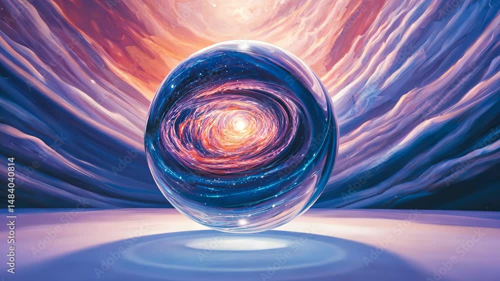 Poster abstract swirling patterns with a glowing orb at the center.
