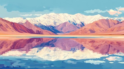 Naklejka premium Serene Mountain Lake Reflection: A Digital Painting of Tranquil Nature