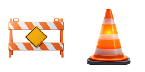 Construction barriers and traffic cone illustration.