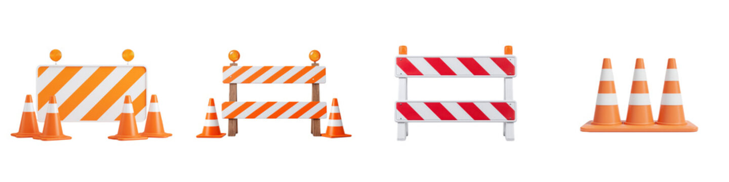 Construction barriers and traffic cones in various arrangements.