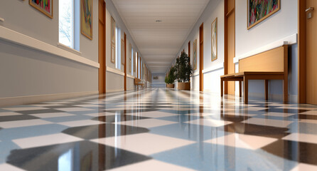 Obraz premium Checkerboard-Floored Corridor with Benches and Decor in a Well-Lit Building