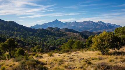 Vibrant Mountain Landscape View With Green Trees Against Blue Cloudy Sky