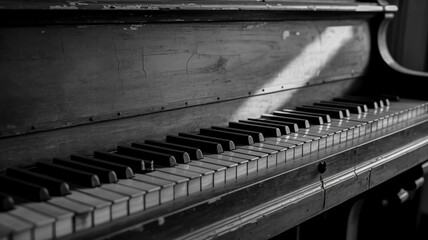 A black and white close-up photograph of an old, weathered piano keyboard. The piano's wooden case shows significant wear with peeling paint and exposed wood grain