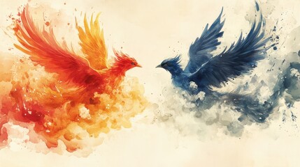 Two mythical birds, one fiery orange, one dark blue, soaring amidst abstract watercolor clouds