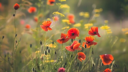 Obraz premium Vibrant Red Poppies Blooming In A Field Under Warm Sunlight