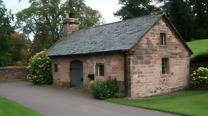 Fototapeta premium Rustic Stone Cottage with Slate Roof and Green Door