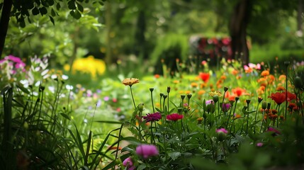 Vibrant Summer Garden Scene Displaying Lush Greenery Colorful Blooms And Natural Sunlight