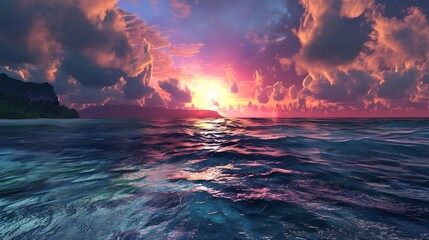 Vibrant Sunset Over Ocean with Dramatic Clouds and Golden Reflections