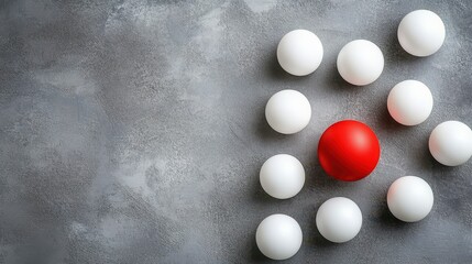 Red ball among white ones on gray