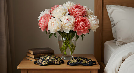 Elegant Peonies and Sleep Masks on a Bedside Table in a Serene Bedroom