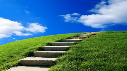 Stone Steps Leading Upward on Green Hill Against Blue Sky